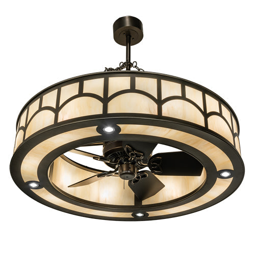 Meyda Lighting Mission 44" 12-Light Exterior Oil Rubbed Bronze Hill Top Chandelier With Beige Sahara Taupe Idalight Shade With Fan