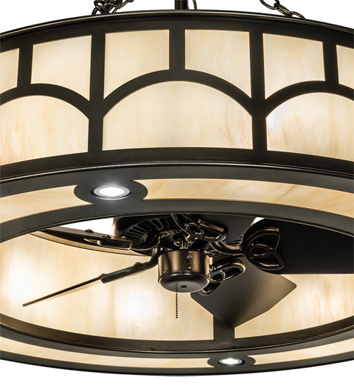Meyda Lighting Mission 44" 12-Light Exterior Oil Rubbed Bronze Hill Top Chandelier With Beige Sahara Taupe Idalight Shade With Fan