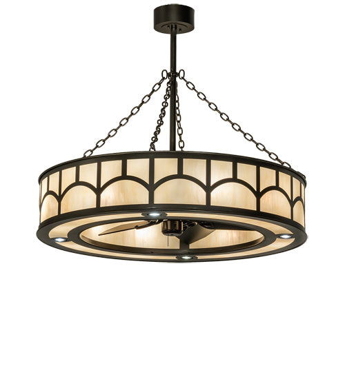 Meyda Lighting Mission 44" 12-Light Exterior Oil Rubbed Bronze Hill Top Chandelier With Beige Sahara Taupe Idalight Shade With Fan