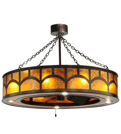 Meyda Lighting Mission 44"W x 72"H 16-Light Copper Vein Hill Top Chandelier With Amber Mica Shade Glass and Fan