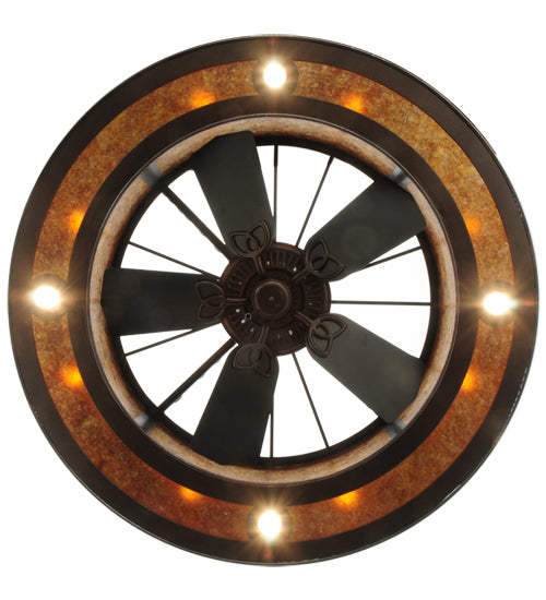 Meyda Lighting Mission 44"W x 72"H 16-Light Copper Vein Hill Top Chandelier With Amber Mica Shade Glass and Fan