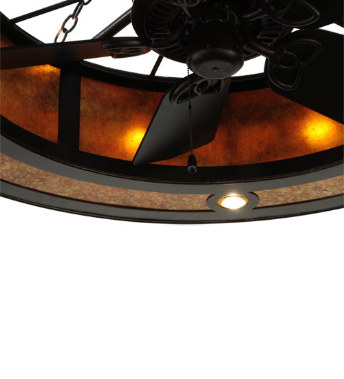 Meyda Lighting Mission 44"W x 72"H 16-Light Copper Vein Hill Top Chandelier With Amber Mica Shade Glass and Fan