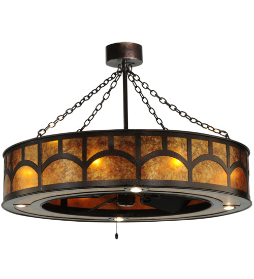 Meyda Lighting Mission 44"W x 72"H 16-Light Copper Vein Hill Top Chandelier With Amber Mica Shade Glass and Fan