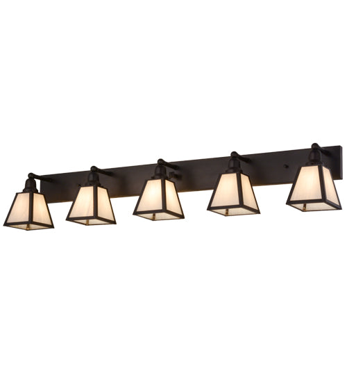 Meyda Lighting Mission 58" 5-Light Craftsman Brown Prime Vanity Light With White Art Shade Glass