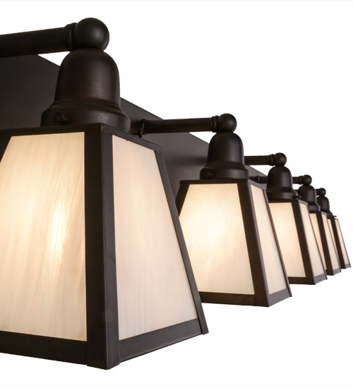 Meyda Lighting Mission 58" 5-Light Craftsman Brown Prime Vanity Light With White Art Shade Glass