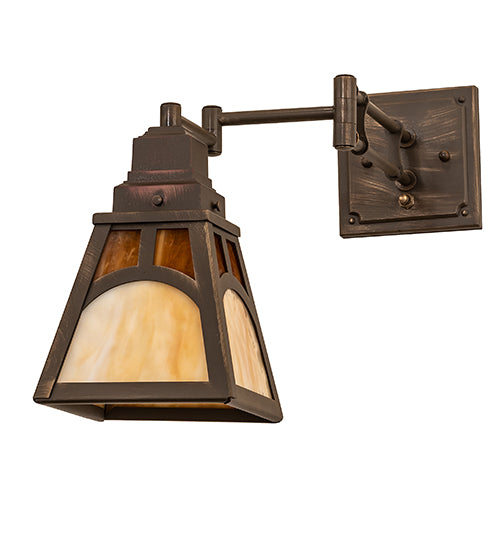 Meyda Lighting Mission 6-14" Antique Brass Matte Hill Top Swing Arm Wall Sconce With Honey & Beige Art Shade Glass