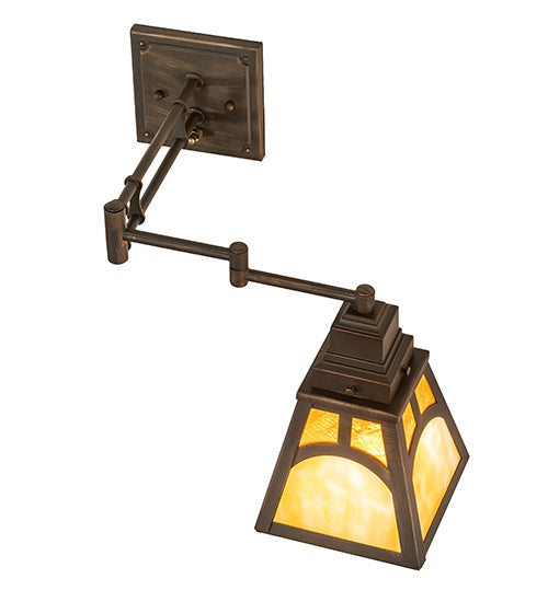 Meyda Lighting Mission 6-14" Antique Brass Matte Hill Top Swing Arm Wall Sconce With Honey & Beige Art Shade Glass