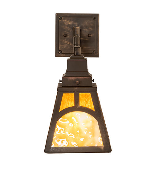 Meyda Lighting Mission 6-14" Antique Brass Matte Hill Top Swing Arm Wall Sconce With Honey & Beige Art Shade Glass