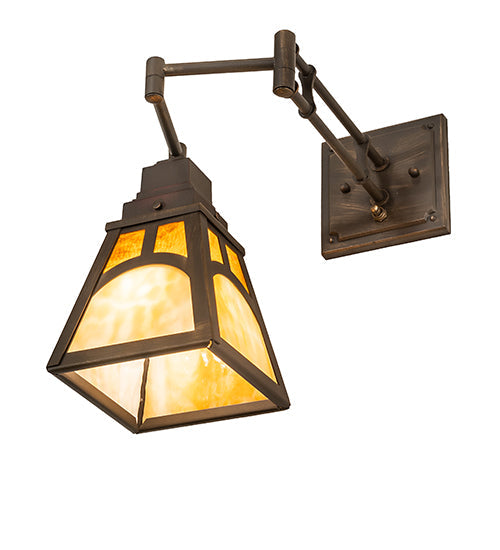 Meyda Lighting Mission 6-14" Antique Brass Matte Hill Top Swing Arm Wall Sconce With Honey & Beige Art Shade Glass