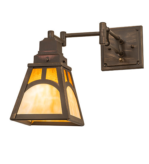 Meyda Lighting Mission 6-14" Antique Brass Matte Hill Top Swing Arm Wall Sconce With Honey & Beige Art Shade Glass