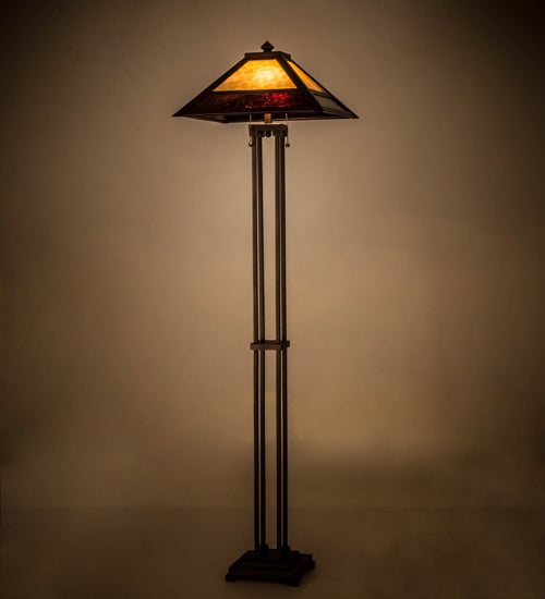 Meyda Lighting Mission 63" 2-Light Mahogany Bronze Prime Floor Lamp With Beige & Brown Art Shade Glass