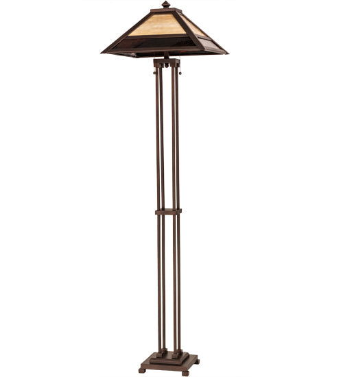 Meyda Lighting Mission 63" 2-Light Mahogany Bronze Prime Floor Lamp With Beige & Brown Art Shade Glass