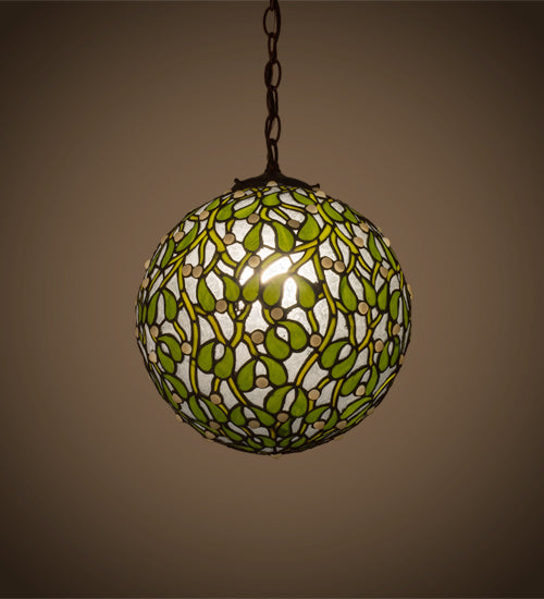 Meyda Lighting Mistletoe Ball 12" Antique Pendant Light With Green & Clear Stained Shade Glass