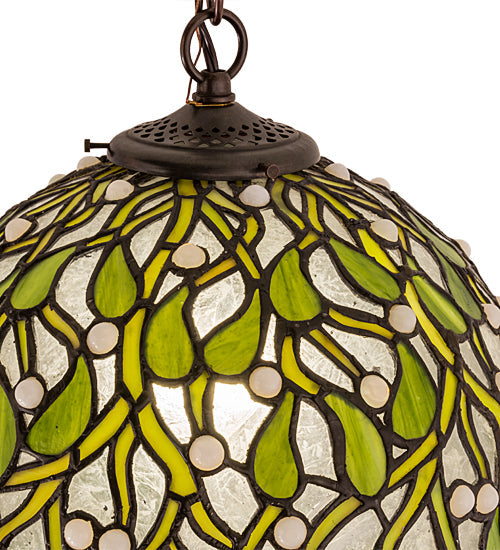 Meyda Lighting Mistletoe Ball 12" Antique Pendant Light With Green & Clear Stained Shade Glass