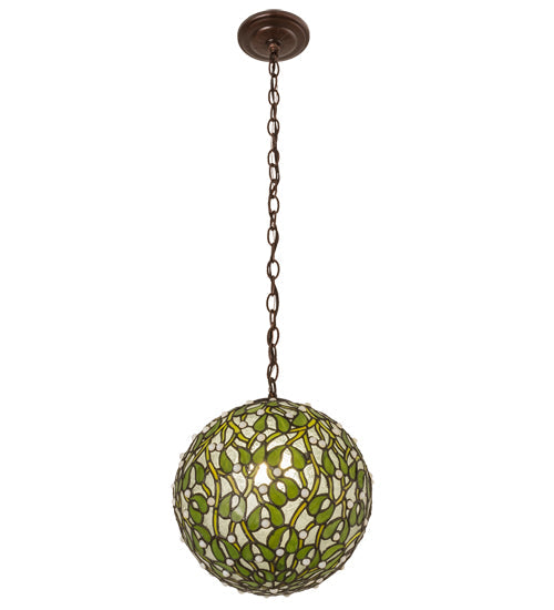 Meyda Lighting Mistletoe Ball 12" Antique Pendant Light With Green & Clear Stained Shade Glass