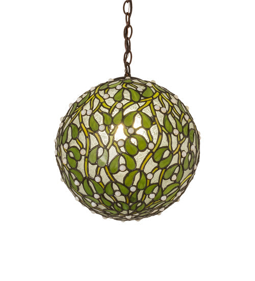 Meyda Lighting Mistletoe Ball 12" Antique Pendant Light With Green & Clear Stained Shade Glass