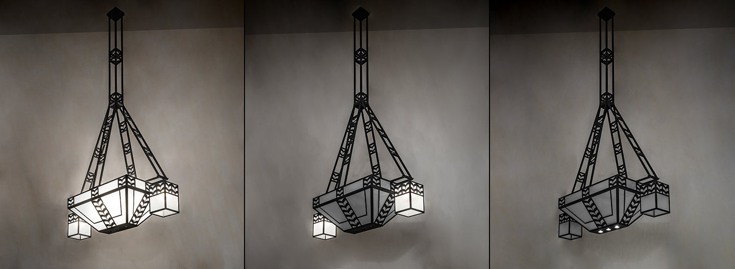 Meyda Lighting Monaca 70" 15-Light Black Cracked Ice Island Chandelier With Frosted Seeded Shade Glass