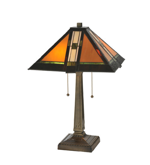 Meyda Lighting Montana Mission 22" 2-Light Antique Table Lamp With Honey Beige & Grass Green Shade Glass