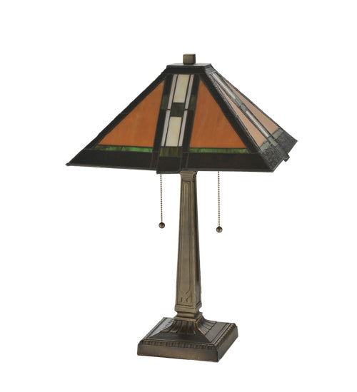Meyda Lighting Montana Mission 22" 2-Light Antique Table Lamp With Honey Beige & Grass Green Shade Glass