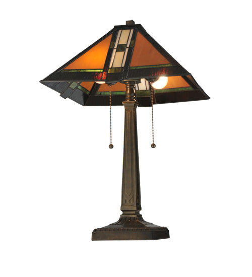 Meyda Lighting Montana Mission 22" 2-Light Antique Table Lamp With Honey Beige & Grass Green Shade Glass