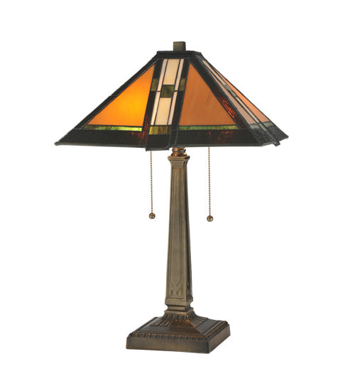 Meyda Lighting Montana Mission 22" 2-Light Antique Table Lamp With Honey Beige & Grass Green Shade Glass
