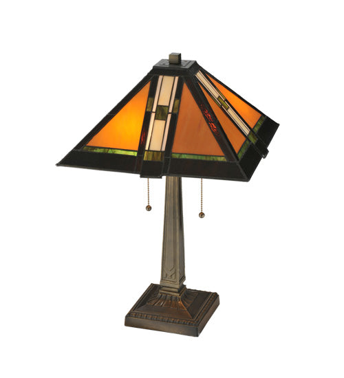 Meyda Lighting Montana Mission 22" 2-Light Antique Table Lamp With Honey Beige & Grass Green Shade Glass