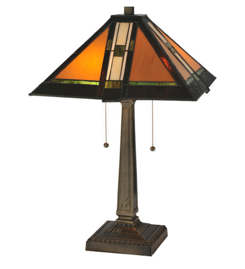 Meyda Lighting Montana Mission 22" 2-Light Antique Table Lamp With Honey Beige & Grass Green Shade Glass