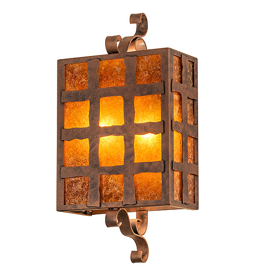 Meyda Lighting Monte Cristo 10" 2-Light Antique Rust Wall Sconce With Amber Mica Shade Glass