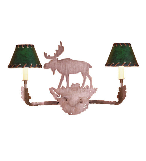 Meyda Lighting Moose 20" 2-Light Antique Copper Wall Sconce With Forest Green Faux Leather Shade