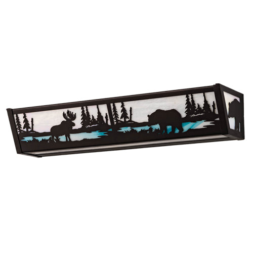 Meyda Lighting Moose & Black Bear 24" 4-Light Mahogany Bronze Vanity Light With White Iridescent & Sky Blue Shade Glass