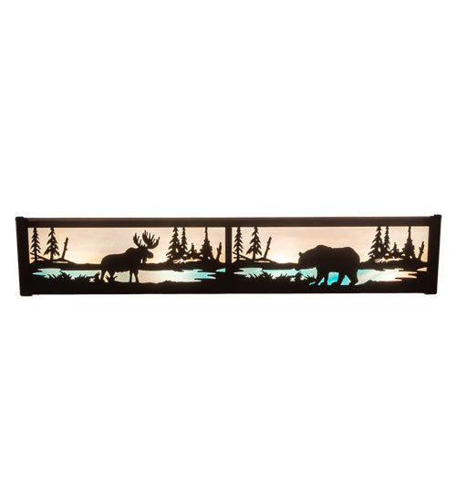 Meyda Lighting Moose & Black Bear 24" 4-Light Mahogany Bronze Vanity Light With White Iridescent & Sky Blue Shade Glass