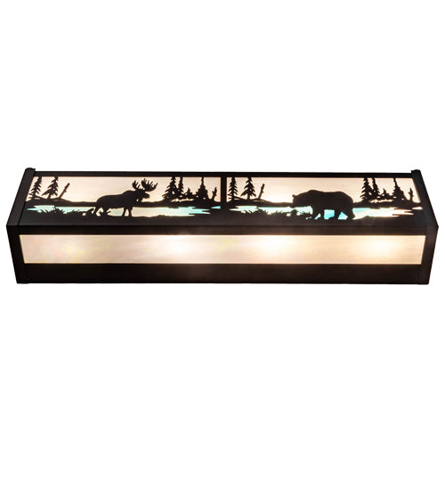 Meyda Lighting Moose & Black Bear 24" 4-Light Mahogany Bronze Vanity Light With White Iridescent & Sky Blue Shade Glass