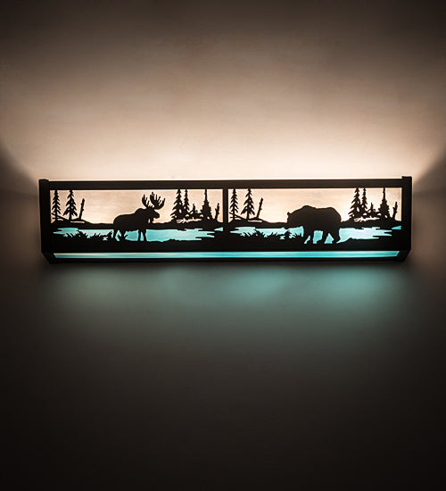 Meyda Lighting Moose & Black Bear 24" 4-Light Mahogany Bronze Vanity Light With White & Light Blue Shade Glass