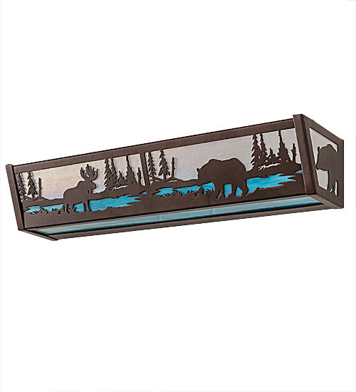 Meyda Lighting Moose & Black Bear 24" 4-Light Mahogany Bronze Vanity Light With White & Light Blue Shade Glass