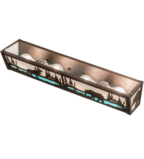 Meyda Lighting Moose & Black Bear 24" 4-Light Mahogany Bronze Vanity Light With White & Light Blue Shade Glass