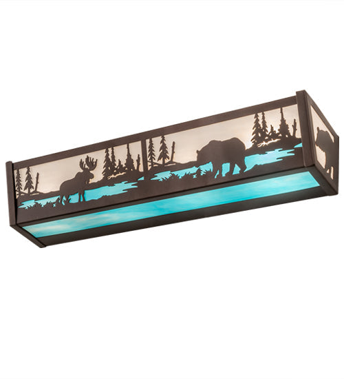 Meyda Lighting Moose & Black Bear 24" 4-Light Mahogany Bronze Vanity Light With White & Light Blue Shade Glass