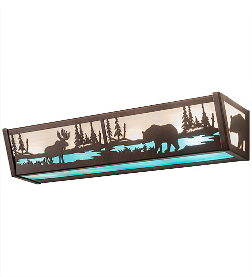 Meyda Lighting Moose & Black Bear 24" 4-Light Mahogany Bronze Vanity Light With White & Light Blue Shade Glass