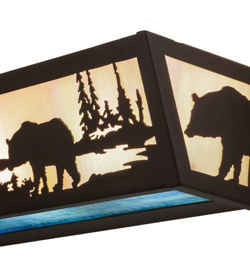 Meyda Lighting Moose & Black Bear 24" 4-Light Oil Rubbed Bronze Vanity Light With White Iridescent & Blue Art Glass Shade Glass