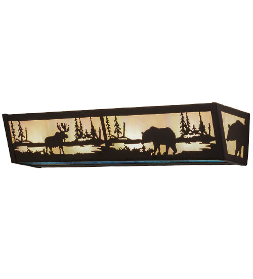 Meyda Lighting Moose & Black Bear 24" 4-Light Oil Rubbed Bronze Vanity Light With White Iridescent & Blue Art Glass Shade Glass