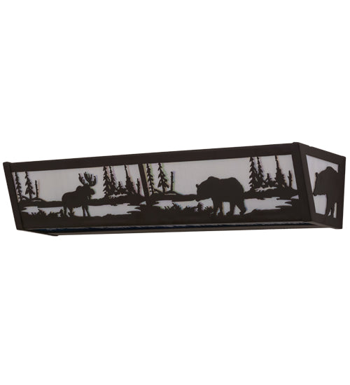 Meyda Lighting Moose & Black Bear 24" 4-Light Oil Rubbed Bronze Vanity Light With White Iridescent & Blue Art Glass Shade Glass