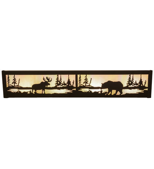 Meyda Lighting Moose & Black Bear 24" 4-Light Oil Rubbed Bronze Vanity Light With White Iridescent & Blue Art Glass Shade Glass