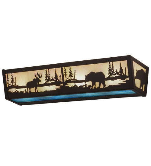 Meyda Lighting Moose & Black Bear 24" 4-Light Oil Rubbed Bronze Vanity Light With White Iridescent & Blue Art Glass Shade Glass