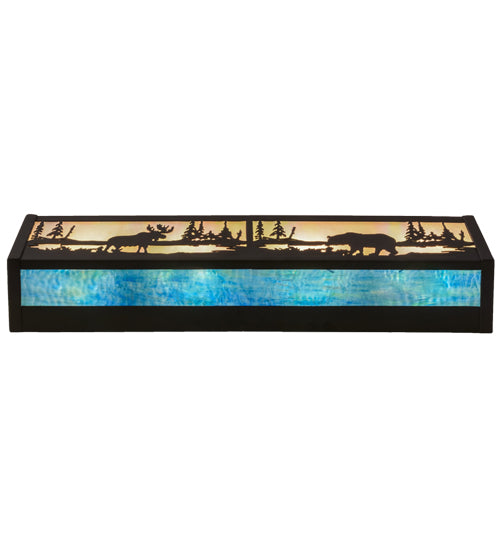 Meyda Lighting Moose & Black Bear 24" 4-Light Oil Rubbed Bronze Vanity Light With White Iridescent & Blue Art Glass Shade Glass