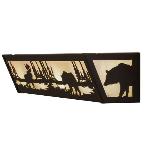 Meyda Lighting Moose & Black Bear 24" 4-Light Oil Rubbed Bronze Vanity Light With White Iridescent & Blue Art Glass Shade Glass