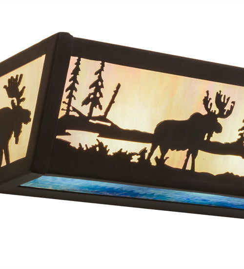 Meyda Lighting Moose & Black Bear 24" 4-Light Oil Rubbed Bronze Vanity Light With White Iridescent & Blue Art Glass Shade Glass