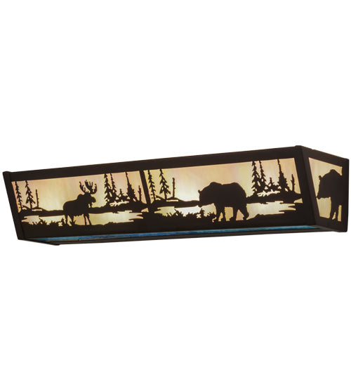 Meyda Lighting Moose & Black Bear 24" 4-Light Oil Rubbed Bronze Vanity Light With White Iridescent & Blue Art Glass Shade Glass