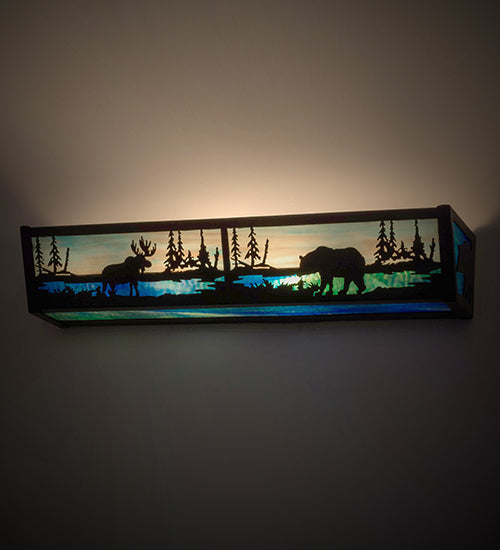 Meyda Lighting Moose & Black Bear 24" 4-Light Timeless Bronze Vanity Light With Blue Green & Sunset Sky Shade Glass