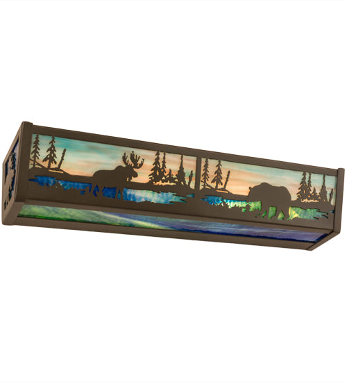 Meyda Lighting Moose & Black Bear 24" 4-Light Timeless Bronze Vanity Light With Blue Green & Sunset Sky Shade Glass