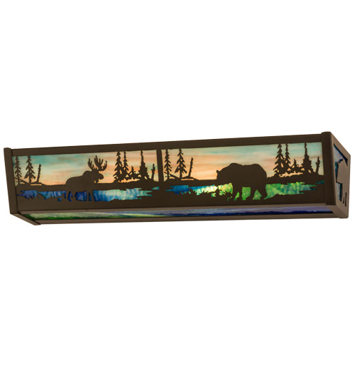 Meyda Lighting Moose & Black Bear 24" 4-Light Timeless Bronze Vanity Light With Blue Green & Sunset Sky Shade Glass