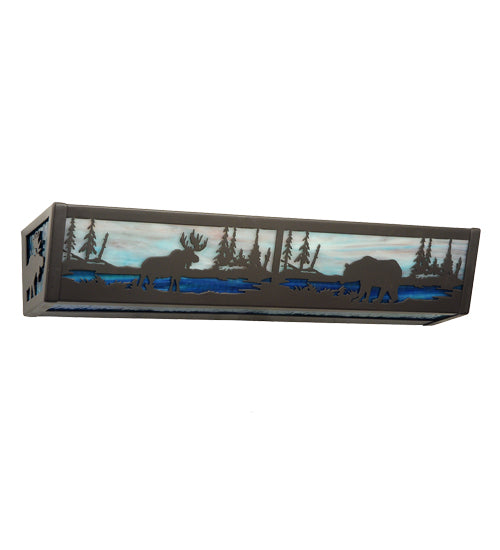 Meyda Lighting Moose & Black Bear 24" 4-Light Timeless Bronze Vanity Light With Sky Blue & Blue Green Ripple Shade Glass